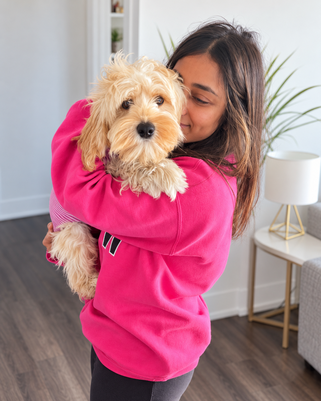 Qurratul cuddling a fluffy golden dog at home